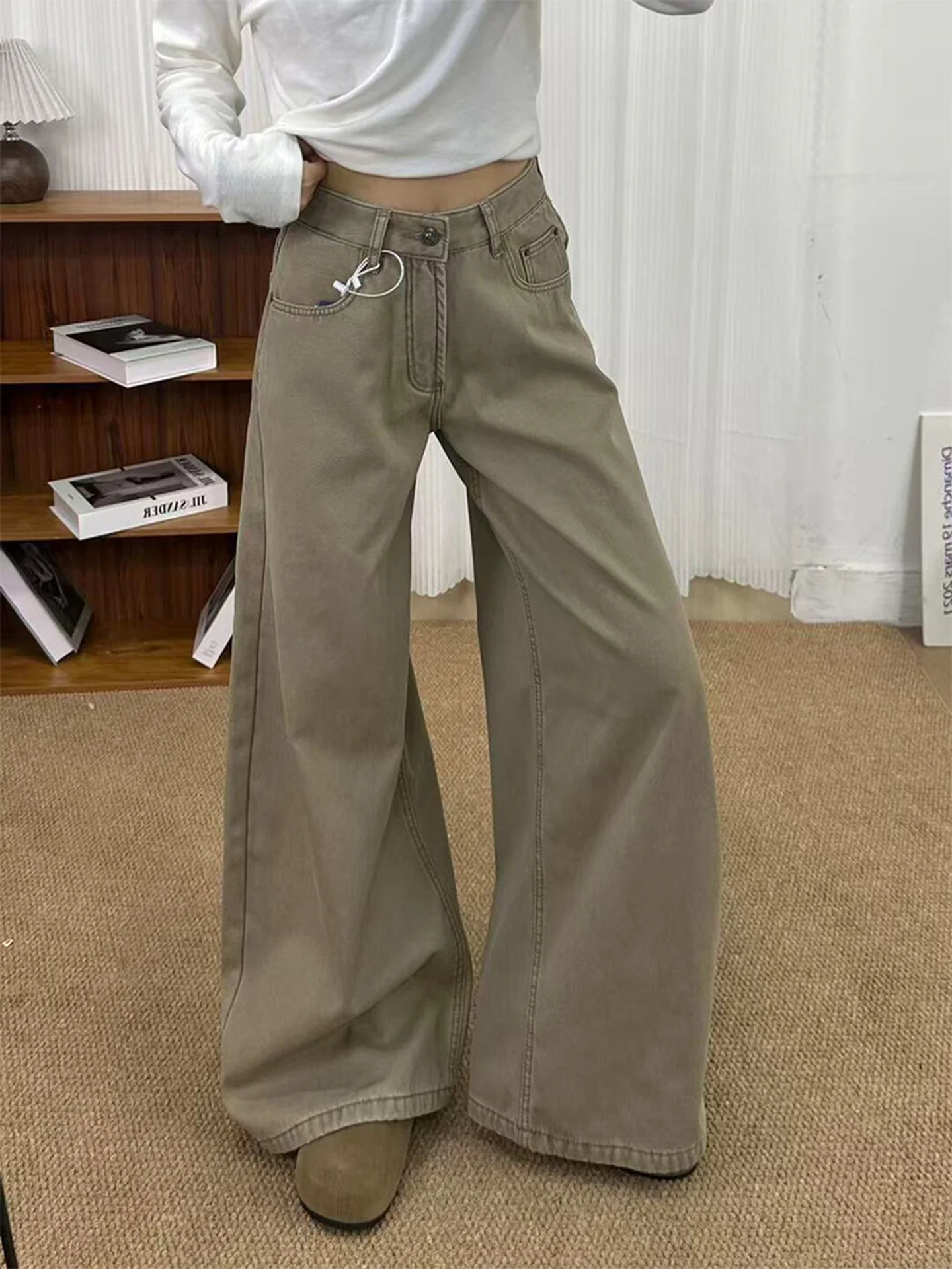 High Waist Fce Gevoerde Waed Denim Jeans Dameswijde Broek met Wijde Pijpen Herfst Winter Nieuwe Sle Amerikaanse Sle Distressed Jeans