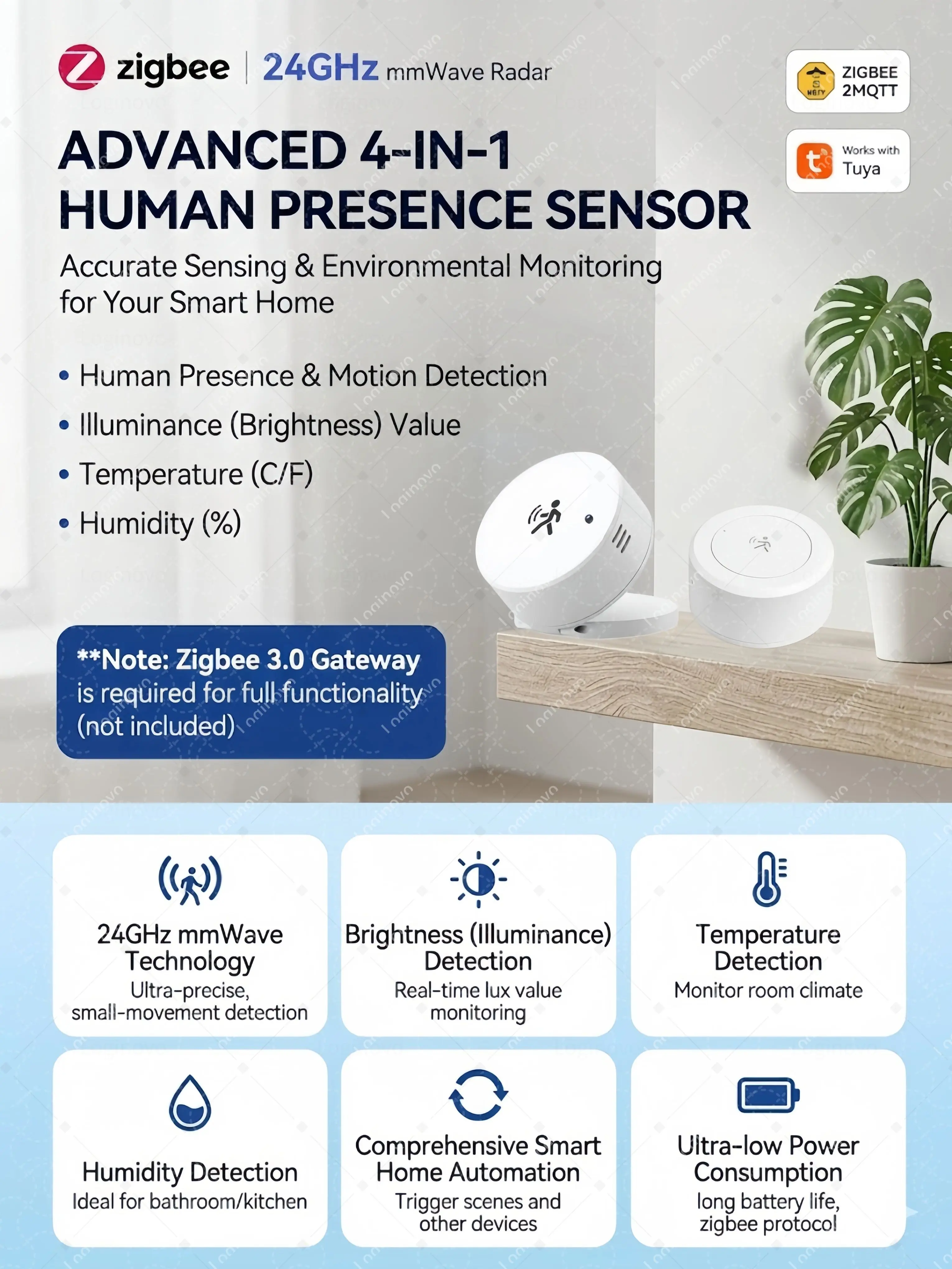 Czujnik obecności Zigbee, radar 24G, detektor ruchu statycznego i dynamicznego, opcjonalny czujnik światła/temperatury/wilgotności, kompatybilny z Tuya Smart Life, wersja Z2M dostępna. — zdjęcie produktu 7