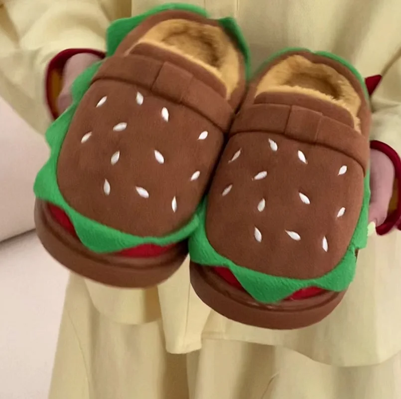 New novelty burger flippers fleece slides shoes for women winter warm fuzzy funny slippers adults hamburger shoes home slipper