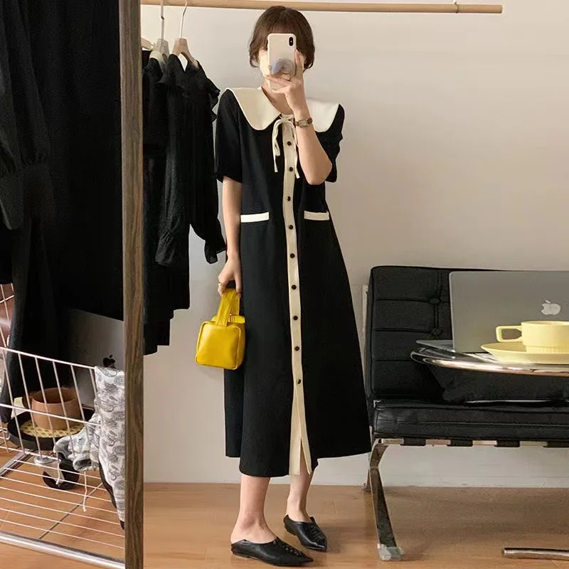 Extra große Größe 300-Pou-Bla-Puppenkragen, schlankmachend, lang, koreanisches Kleid, Pendeln, Wind, Sommer, lockere Passform, hohe Taille, A-Linie...
