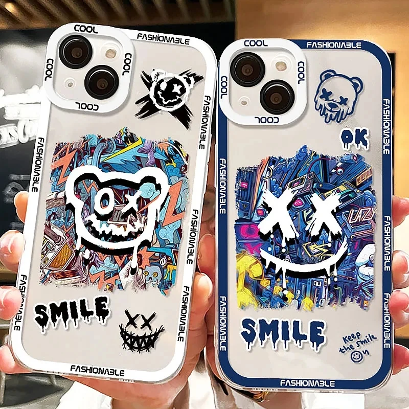 Luxury Anime Graffiti Bear Liquid Case For iPhone 15 14 Pro Max 13 12 Mini 11 Pro XR XS X 8 7 6 6S Plus SE 2020 Silicone Cover