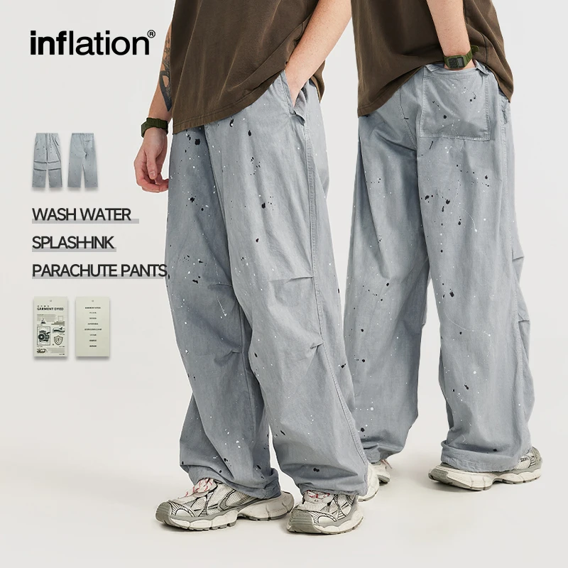 

INFLATION Streetwear Washed Splashed Parachute Pants Mens Summer Wide Leg Cargo Pants