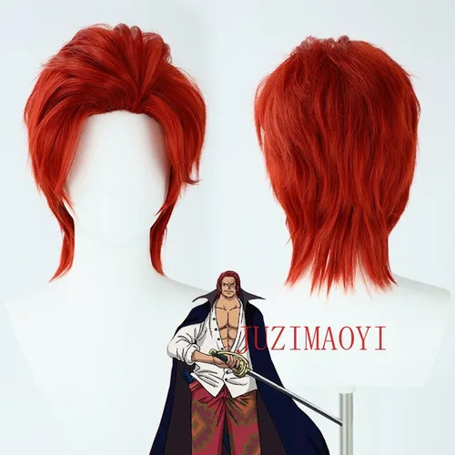 Peluca de Cosplay de Anime Shanks, pelucas de pelo corto rojo para hombres, pelucas sintéticas resistentes al calor, pelucas para fiesta de Halloween + gorro de peluca