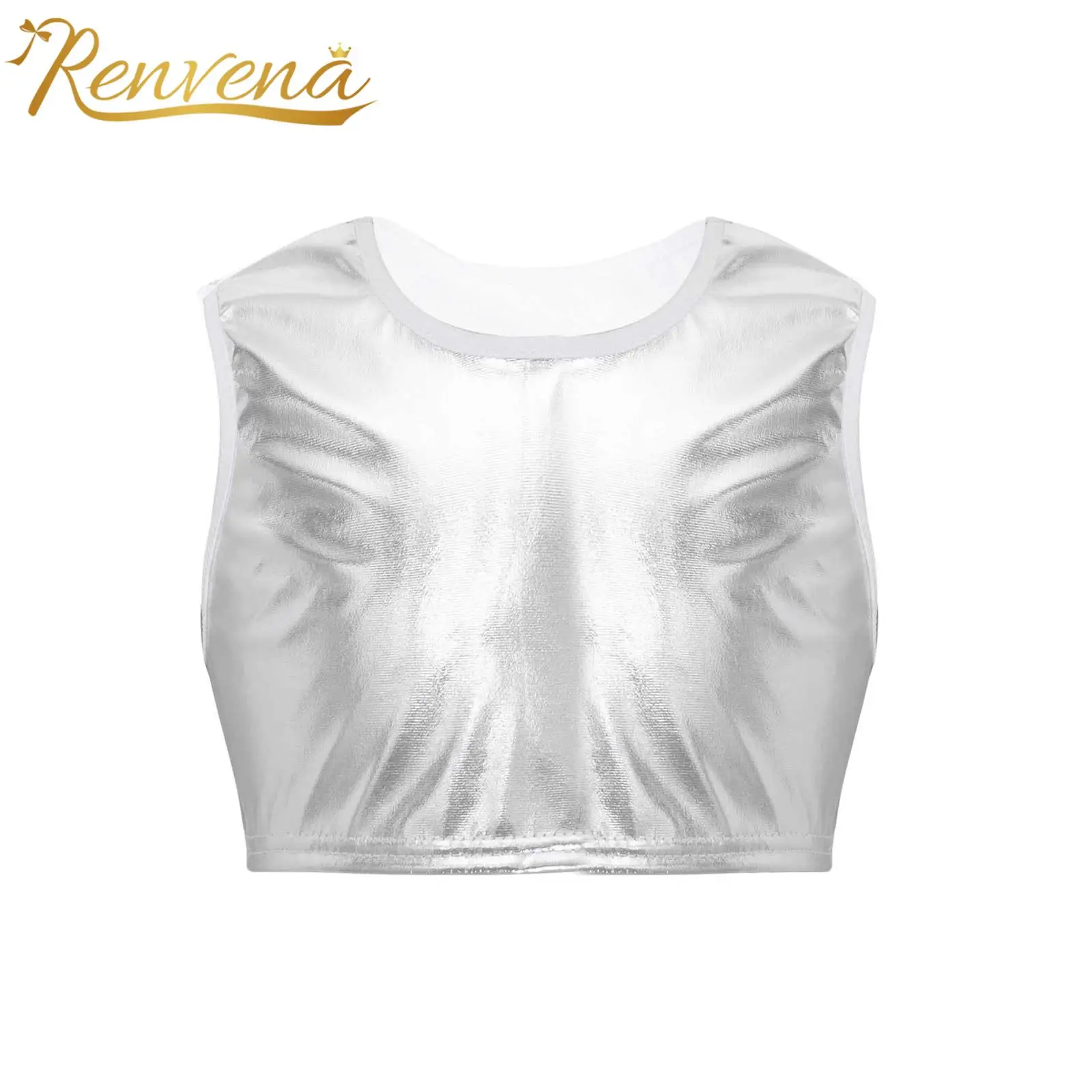 Kids Boys Girls Metallic Dance Tops Sleeveless Shiny Tank Crop Top Vest For Gymnastic Ballet Dancewear Stage Performance Clothes