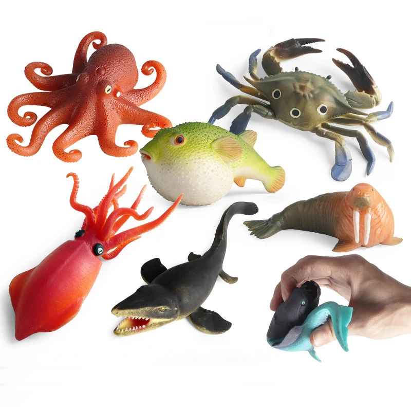 Mini Sea Life Soft Squid Shark Pufferfish Octopus Crab Model Marine Ocean Animal Action Figures Kids Cognition Educational Toys