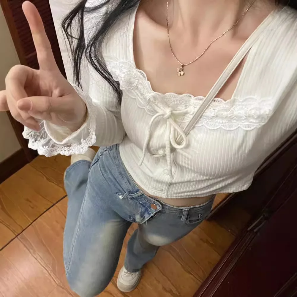Chemise à Base de dentelle pour femmes, Niche, coupe cintrée, douce et chaude, haut court à manches longues, printemps et automne