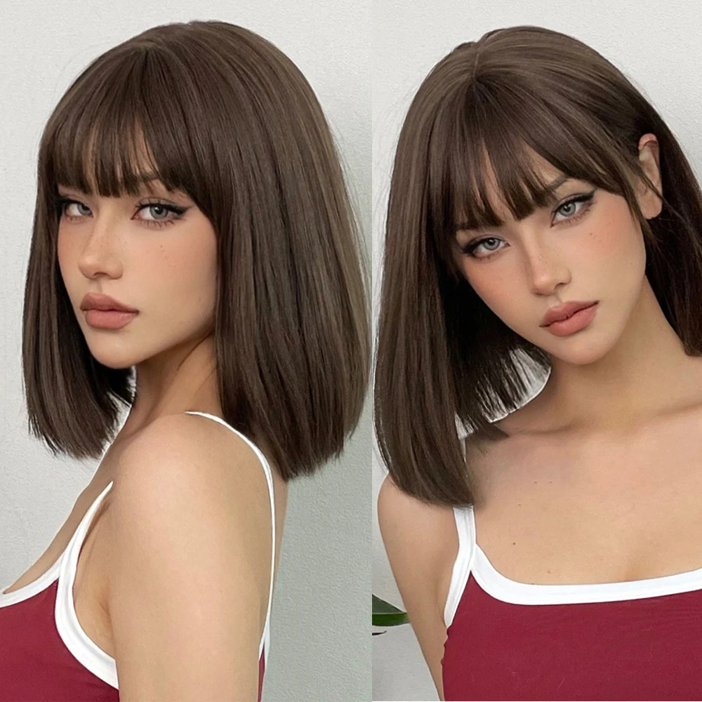 

Brown Bob Natural Hair Short Straight Women Synthetic Heat Resistant Fiber Wigs with Full Bangs Daily Date Cosplay Lolita Hair