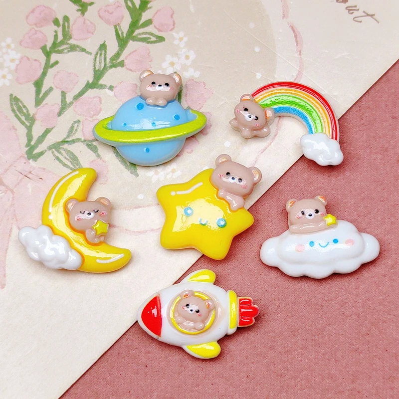 

10 Pcs Cute Bright Surface Cartoon Bear Rocket Rainbow Cloud Resin Scrapbook Diy Jewelry Party Wedding Hairpin Accessories A87