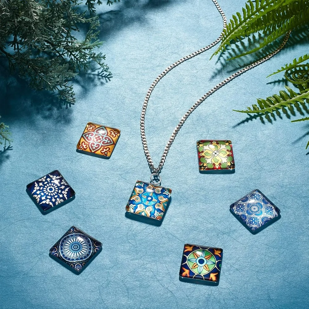 1 Inch Square Mosaic Cabochons 25mm Flower Mosaic Tiles Yoga Mandala Pattern Mosaic Printed Glass Dome Cabochons for Photo