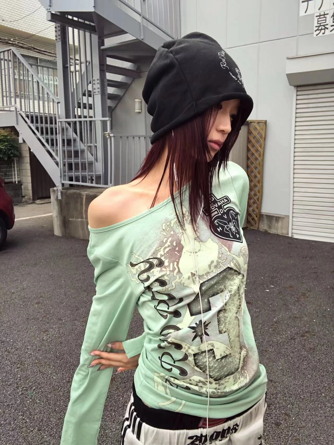 Karrram Japanisches Y2k-Grafik-Print-T-Shirt im Trashy-Stil der 2000er Jahre, Langarm, Mintgrün, Vintage Harajuku Streetwear, Amerikanisch – Detail 6