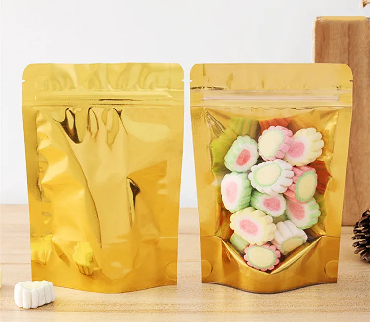 100PCS Stand Up Clear Front Golden Foil Ziplock Packaging Bag Resealable Snack Sugar Spice Cereals Tea Nuts Storage Pouches