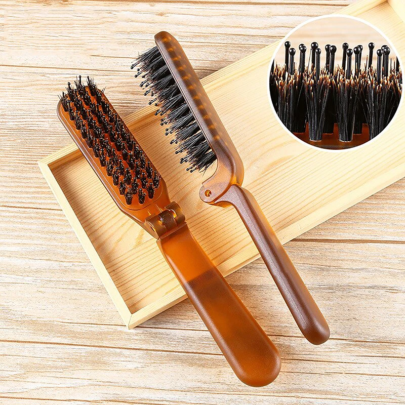 【F】 Wildschweinborsten-Haarbürste, bernsteinfarben, faltbar, tragbarer Kamm, zusammenklappbar, für Reisen, Massagegerät, Styling-Werkzeug, Salon, Männer, Frauen, Geschenk