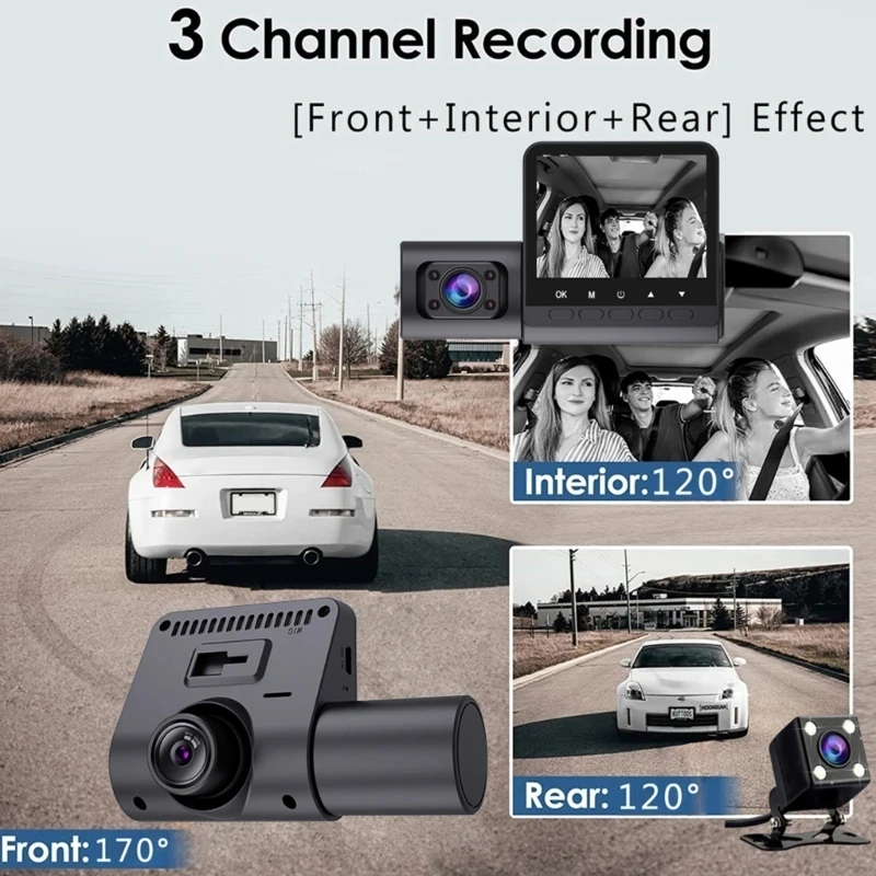 Dash Cam 3 Channel Car DVR Three-Lens Front Inside Rear Vehicle Camera Video HD1080P Camcorder Loop Recording Car Charge