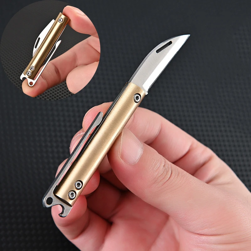 Brass Back Clip Bottle Opener Folding Knife Carry-on Unpacking Express Package Utility Knives Key Chain Pendant Paring Tool Gift