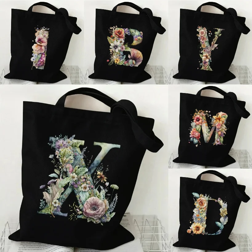 

26-letter Floral Canvas Tote Bag Women's Handbag Harajuku Animal Shopping Bag A-Z Letter Pattern Women's Shoulder Bag