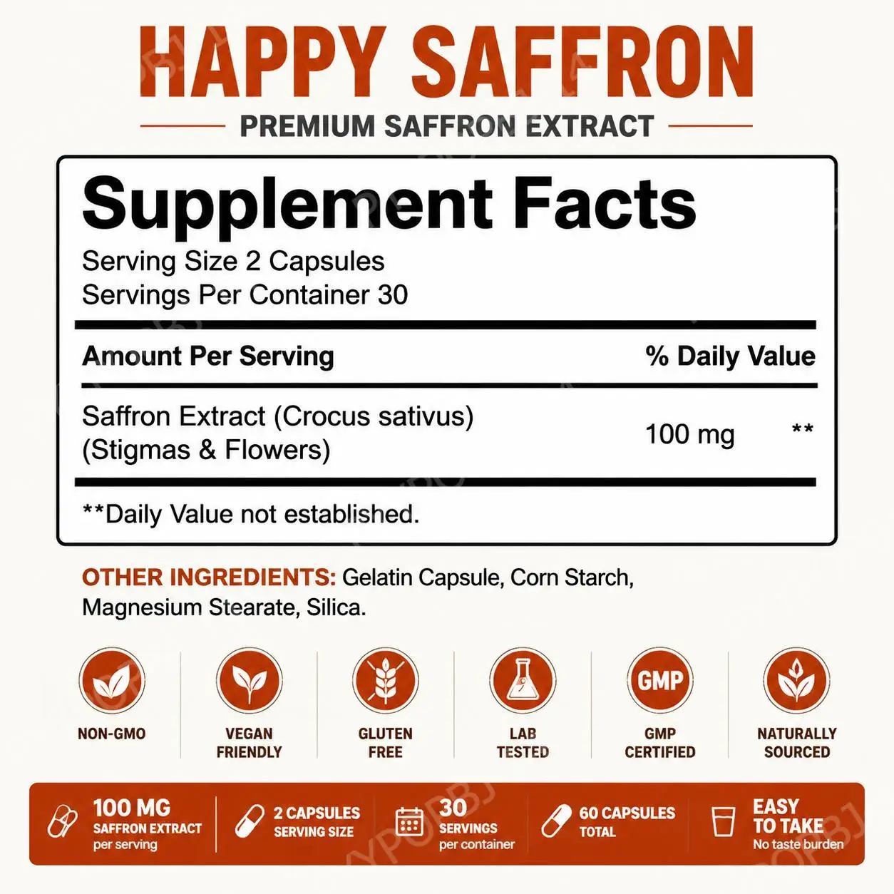 Docteat Happy Saffron Extract Capsules Supports Mood Sleep Quality & Inner Balance with 100mg Extract Per Serving 60 Capsules