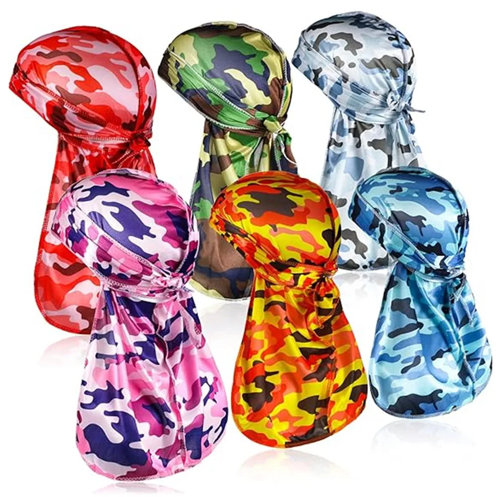 Camo Print Satin Silk Durag for Men, Silky Long Tail Headwrap, Tie Down Bandana, Breathable Head Scarf for Waves Hairstyle