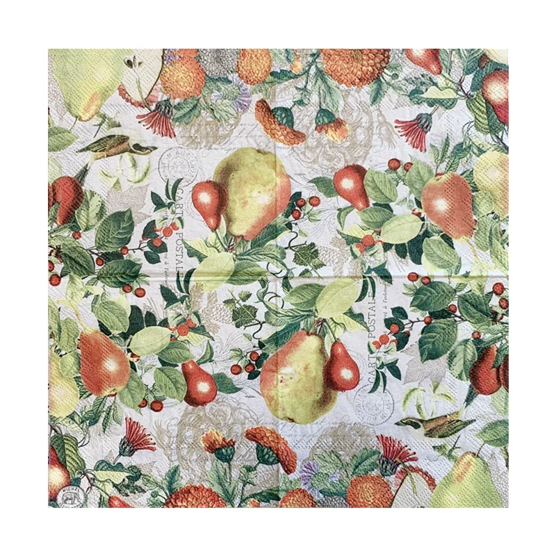 20Pcs/Bag Vintage Pear Tree Birds Flower Decoupage Paper Napkins Fruits Paper Tissues for Party Tableware Xmas Supplies 25x25cm