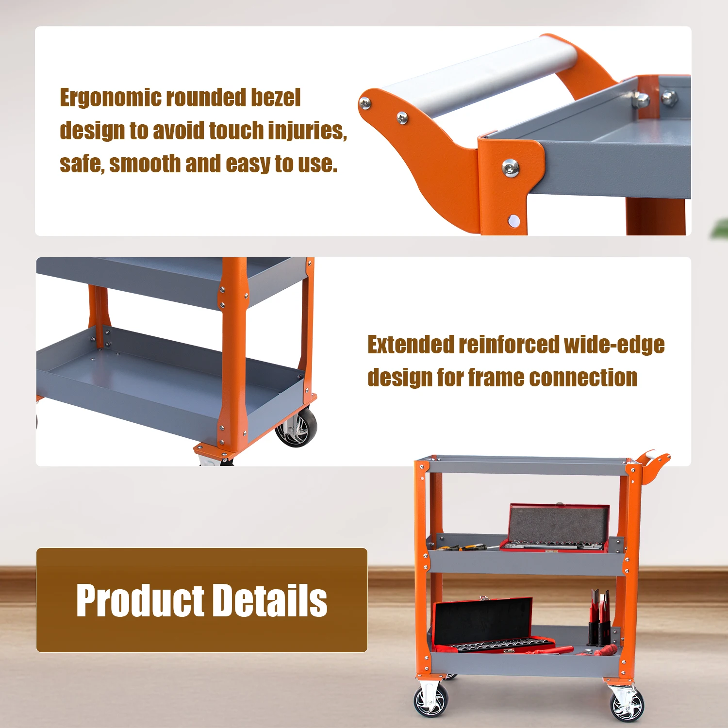 HPDMC Utility Service Cart 3-Shelf 1000LBS Heavy Duty Plastic Rolling Utility Cart with with Wheels for Warehouse/Garage