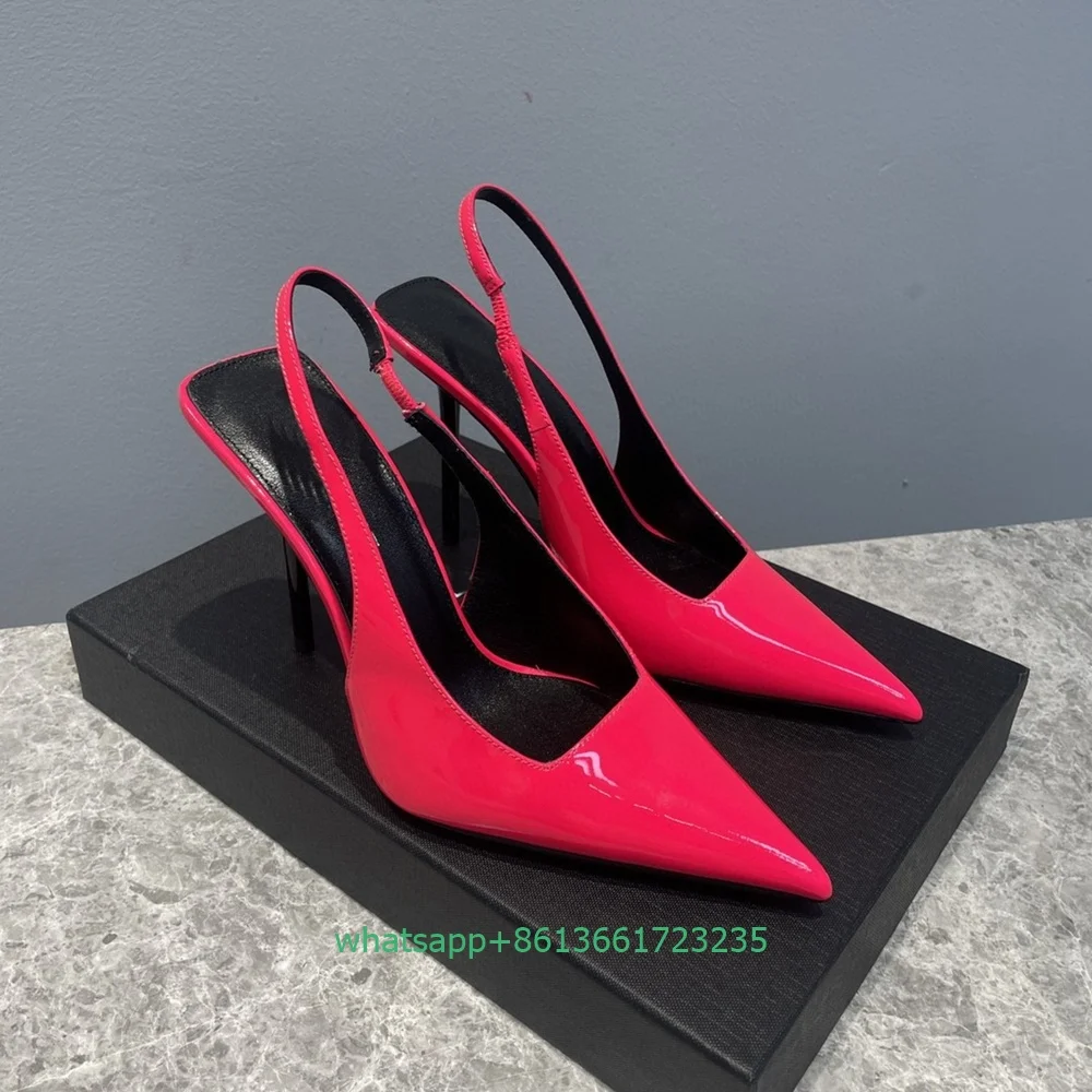 Patent Leather Square Shallow Women Pumps Slip On Back Strap Slingback Thin High Heels Pointed Toe Sexy Fashion Sandasl Pumps