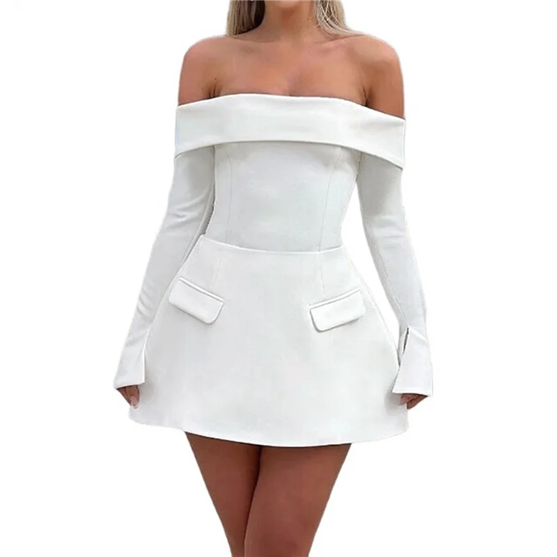 NEU-Damen Minikleid, schulterfrei, langärmelig, A-Linien-Kleid, kurze formelle Kleider, Party, Clubwear
