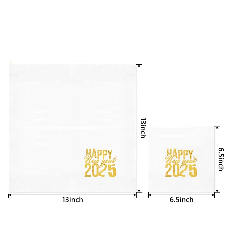 100Pcs  33×40CM  3-layer Gold foil napkin Happy 2025 New Year Celebration Festival Party