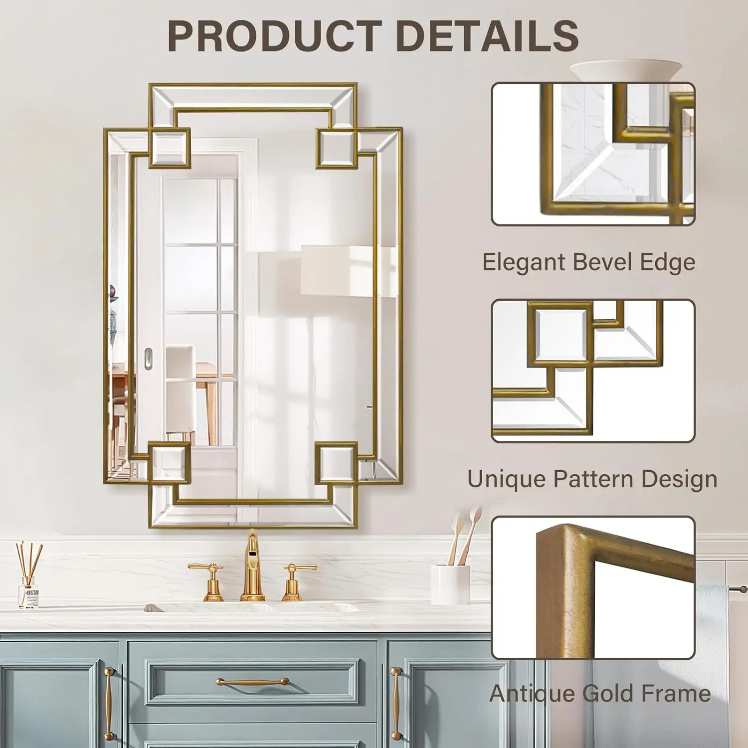 Antique Gold Mirror For Bathroom, 24X36 Inch Rectangle Bathroom Vanity Mirror For Over Sink, Modern Decorative Mirror For