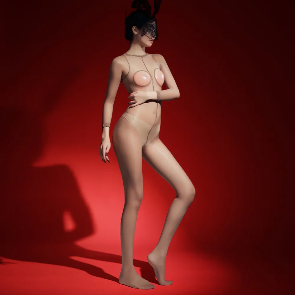 오픈 체스트 바디수트 여성용 풀 바디스타킹 점프수트 오일 샤이니 울트라 씬 팬티스타킹 레이디 오픈 크로치 레오타드 에로틱 란제리