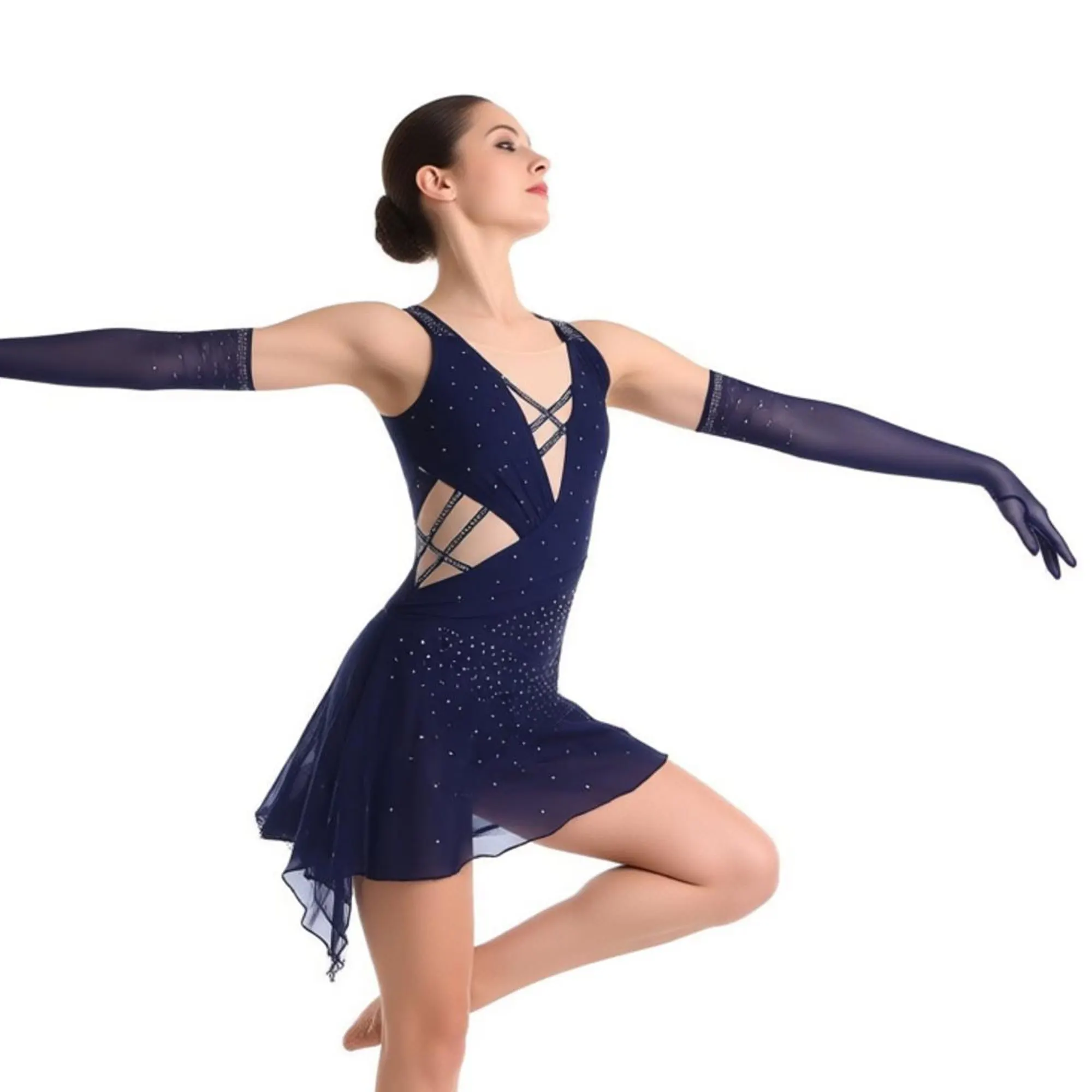 

Women Rhythmic Gymnastics Ballet Jersey Lyrical Dance Figure Skating Costume Split Rhinestones Ballet Leotard Dress +Mesh Gloves