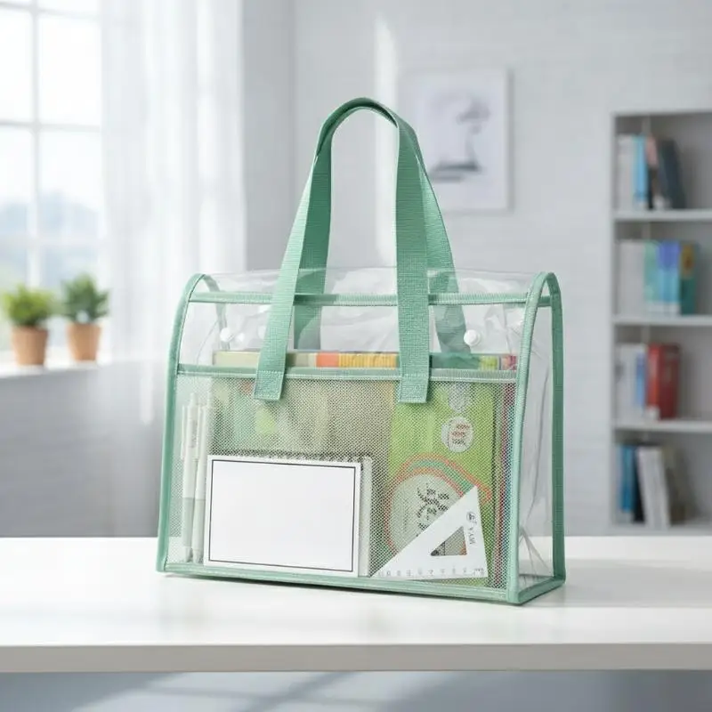 

Transparent Exam Tote Bag Waterproof PVC Material With Mesh Pockets For Students Exams Stationery Storage Daily Use