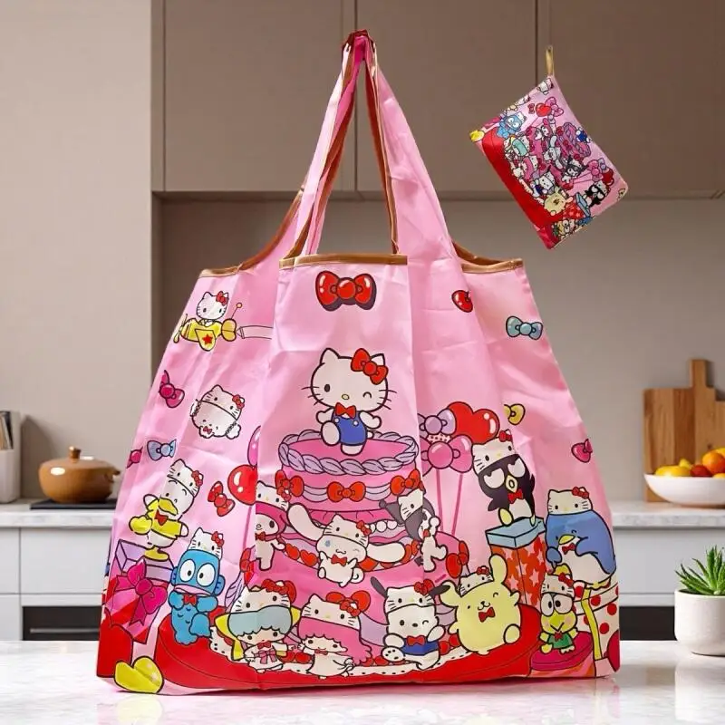 Sanrio Hello Kitty - Bolsa de compras plegable de gran capacidad, impermeable, de tela Oxford, para supermercado, bolsa de almacenamiento de equipaje de viaje