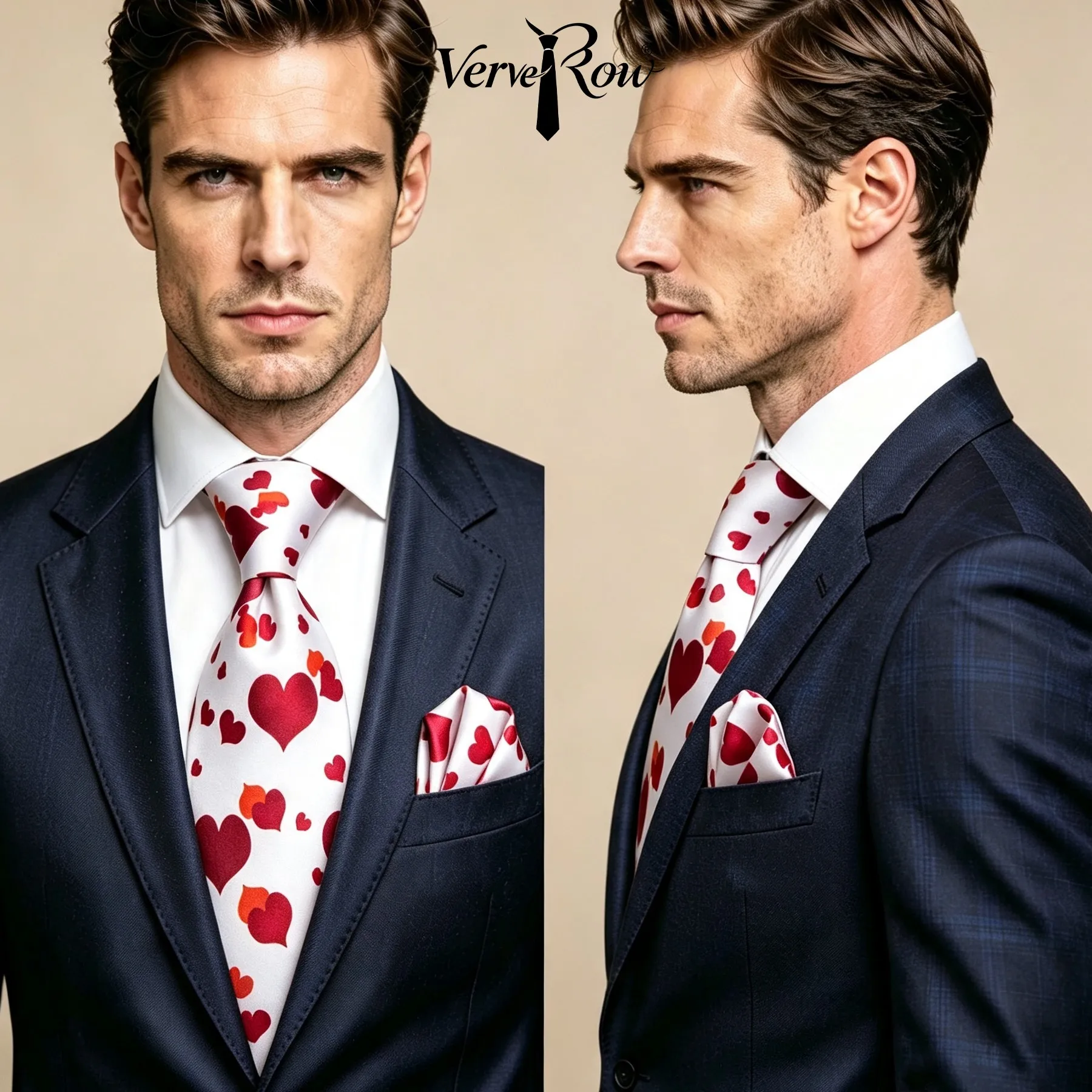 VERVEROW Men Red Heart Pattern Necktie Pocket Square Set Wedding Dating Tie