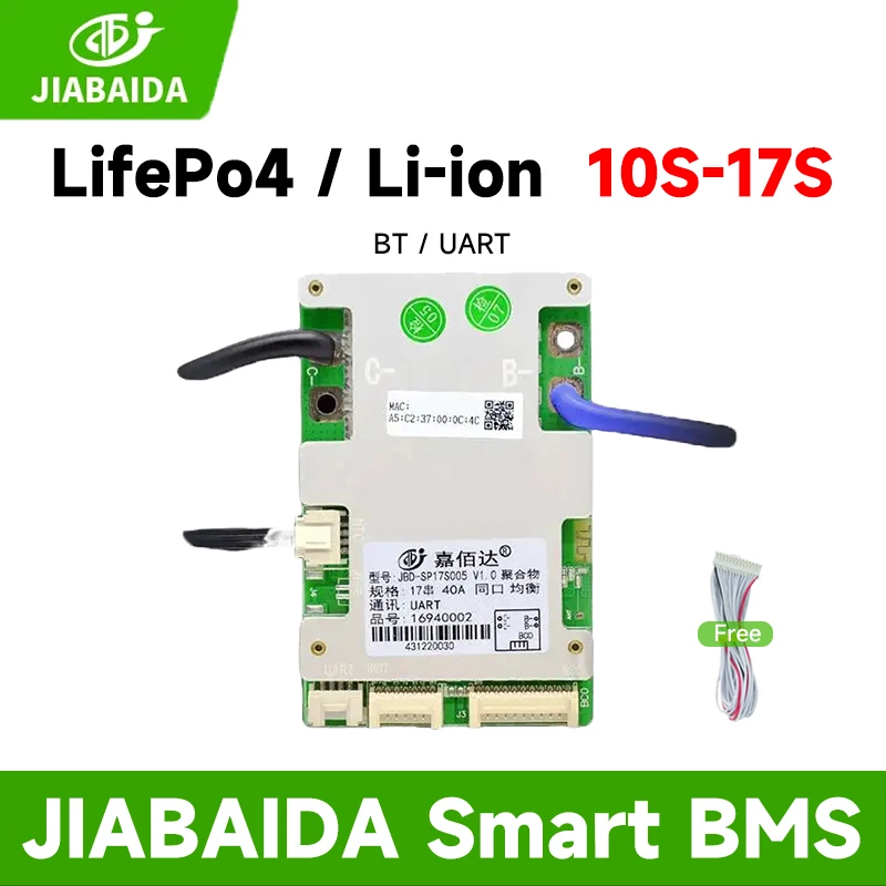 JIABAIDA 16S 48V LiFePo4 BMS 10S 12S 13S 14S 16S 17S Li-ion Lithium Battery JBD Smart BMS BT UART 20A 40A 50A 80A 120A Discharge