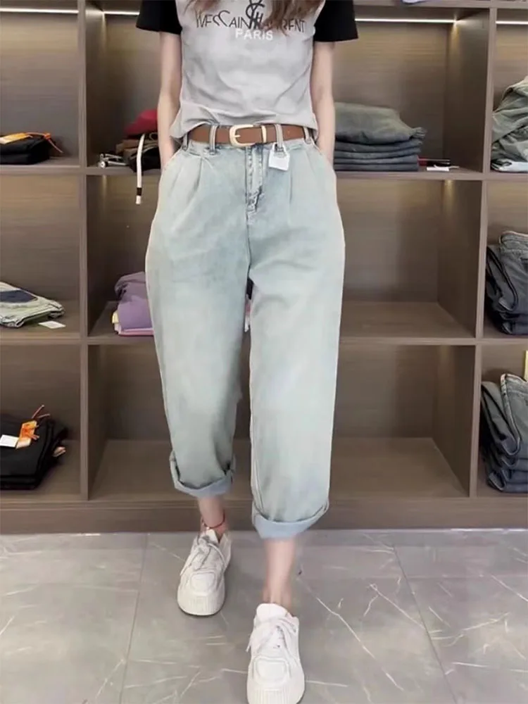 Pantalones vaqueros elásticos de talla grande para mujer, pantalón harén recto, holgado, ajustado, de cintura alta, para papá, informal, Sle Old Faion