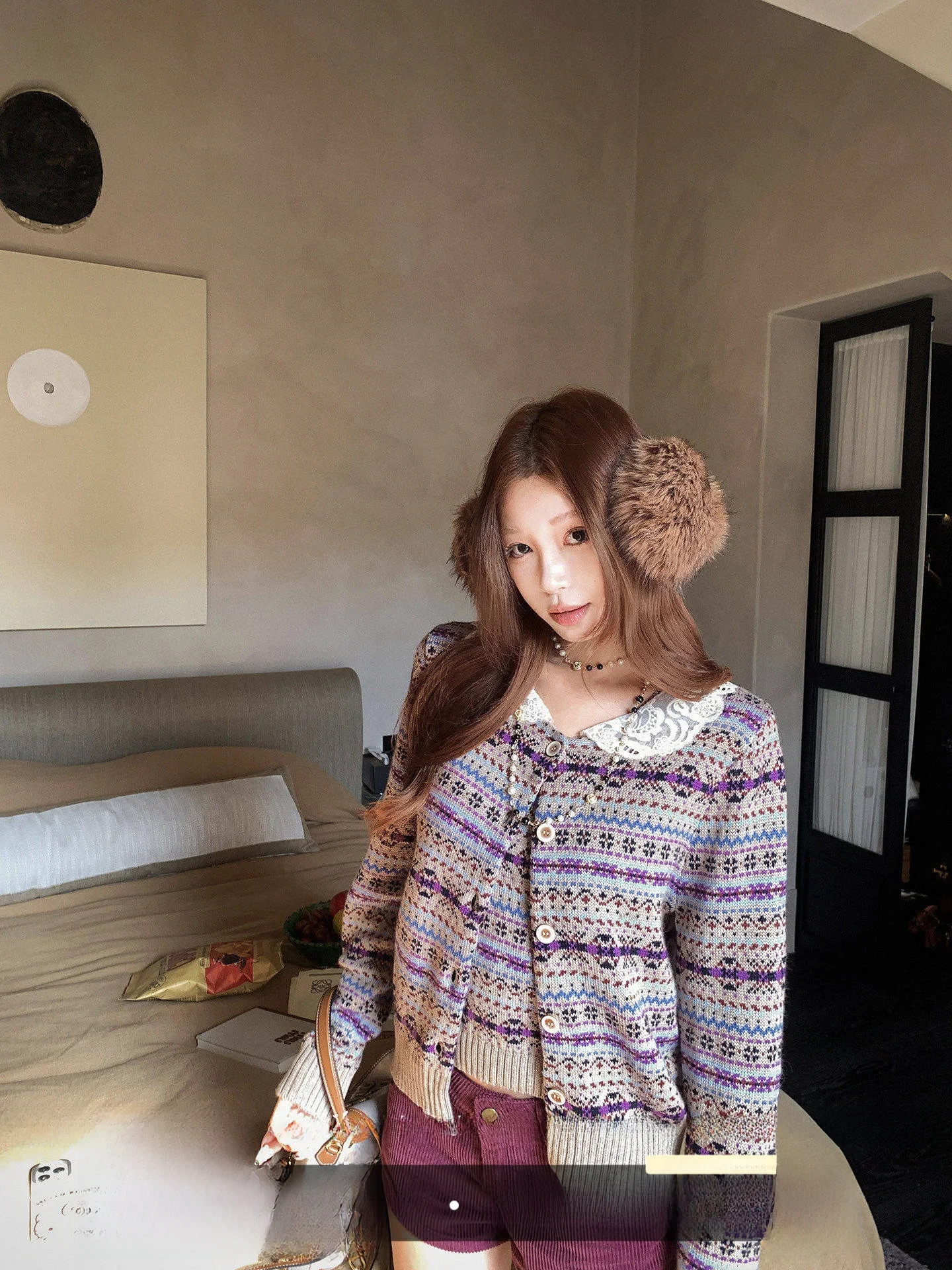 

Теплый женский свитер Pinksoya Fair Isle с рюшами на воротнике, фиолетовый, осенне-зимний, новый, в комплекте с короткими брюками, комплект из двух предметов