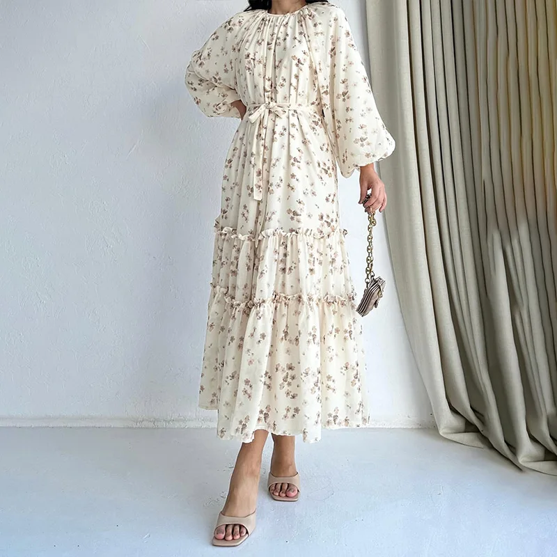 

Islamic Dress Clothing Prayer Modest Eid Bow Tie Long Sleeves Floral Print Tiered Loose Muslim Abaya Hijab Dress Dubai Ramadan