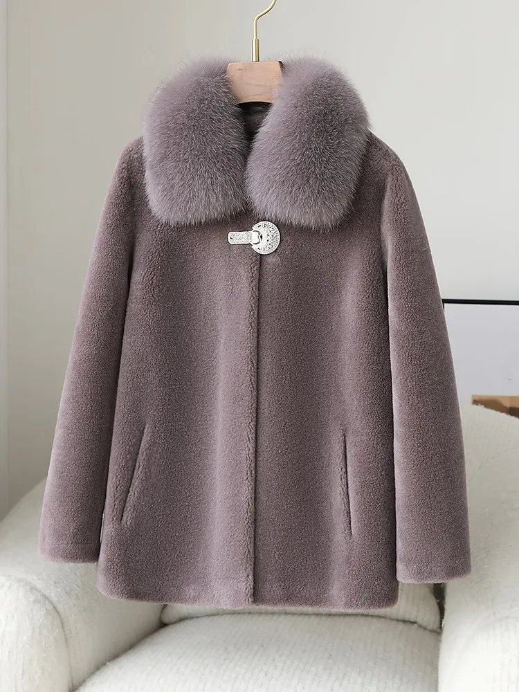 Vintage Sheep Shearing Coat Women Luxury Fox Fur Collar New Winter Overcoat Long Sleeve Single Button Office Ladies Wool Jacket