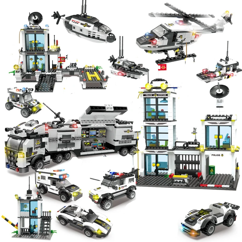 

City Police Headquarters Building Blocks Sets SWAT Helicopter Car Model Bricks Brinquedos Figures Educational Toys for Children