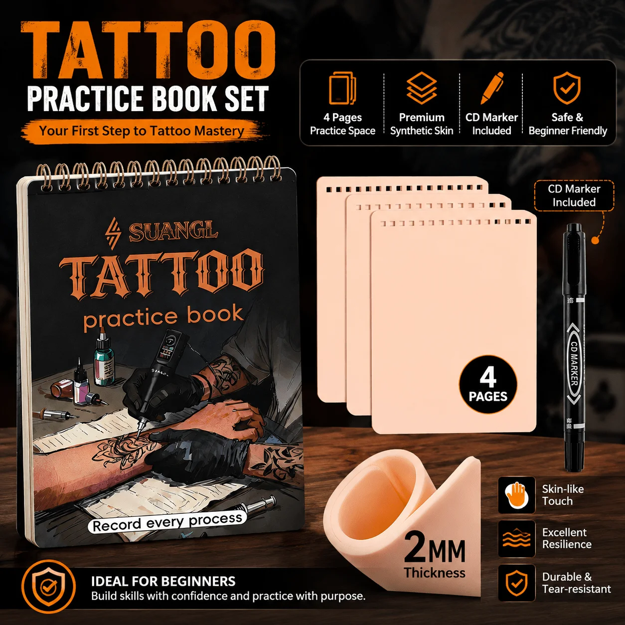 SUANGL Tattoo Practice Skin Book Set 4 Pages Silicone + Black Marker for Beginners Tattooists Drawing Stencil Tool