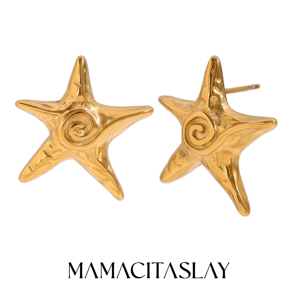 MamacitaSlay Cute Beach Starfish Center Whirlpool Beat Grain Earrings For Women Waterproof Premium Stainless Steel Jewelry