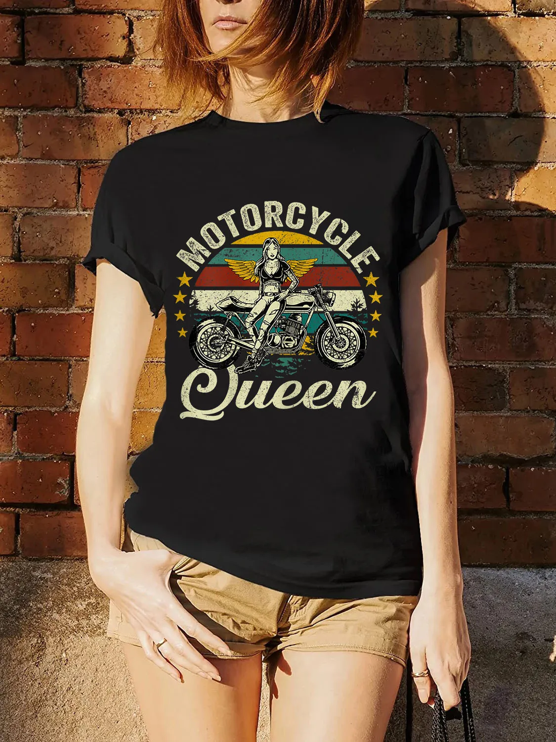 FLC 100% Cotton Personality Fashion Vintage Motorcycle Queen Grandma Clothing Gift Women T-Shirt Printed Unisex Tee Streetwear