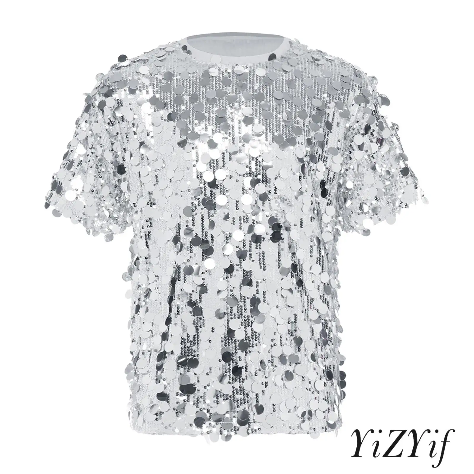

Men Glitter T-shirt Dance Top Allover Sequins Crew Neck Short Sleeve Tee Clubwear with Fully Lining for Jazz Dance Disco Party