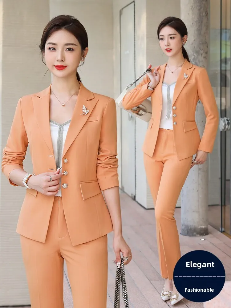 

Orange Suit Set Women's Professional Formal Workwear Autumn Winter Elegant Managerial Outerwear Commute Interview Ready
