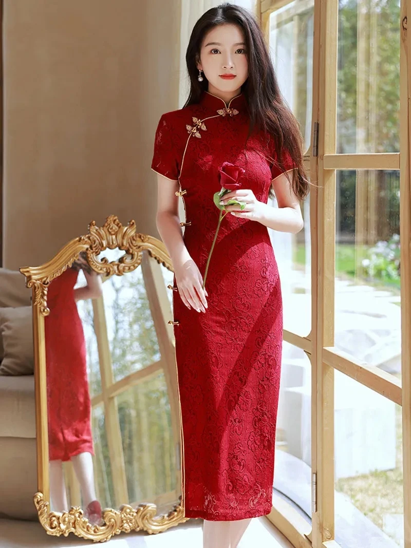 Cheongsam de manga corta para mujer, vestido de encaje Vintage mejorado, ajuste Delgado, elegante, rojo vino, boda, S a XXL