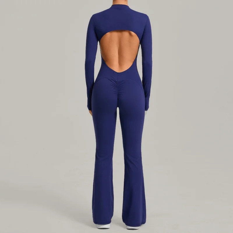 Long Sleeved One Piece Jumpsuit With Stand-up Collar Flared Yoga Bodysuit Wide-leg Seamless Slim Fit Spring Women's Activewear view 4