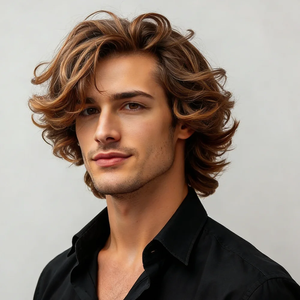 

Chestnut And Caramel Highlights Pixie Cut Wig Human Hair Warm Brown Medium-Length Layered Natural Loose Curls Soft Defined Waves