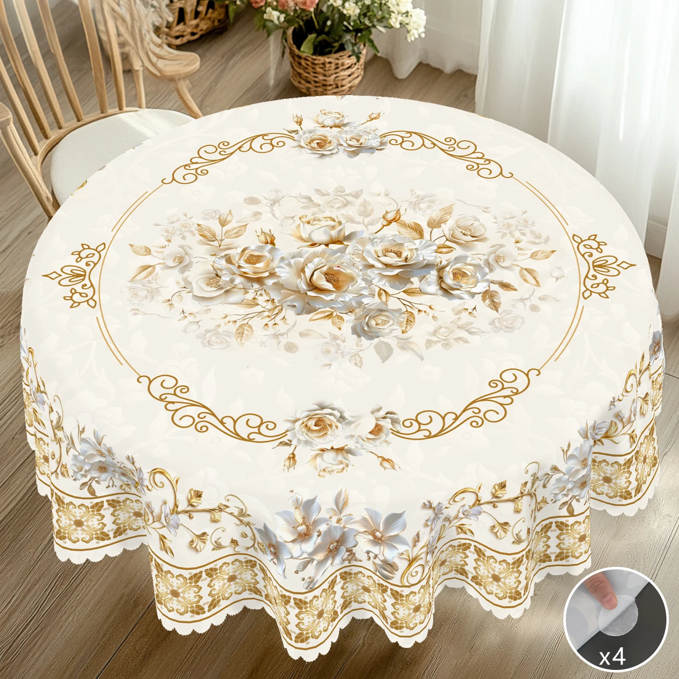 1 Piece of Spring and Summer Floral Round and Rectangular Tablecloth, Available in Various Sizes, with a Light Beige Base Color and Exquisite Printed Decorations Featuring Gilded Roses and Delicate Floral Clusters, Featuring Embossed Edges, Suitable for Home Kitchens, Picnics, and Camping, Spring Home Decor, and Spring Atmosphere Decoration