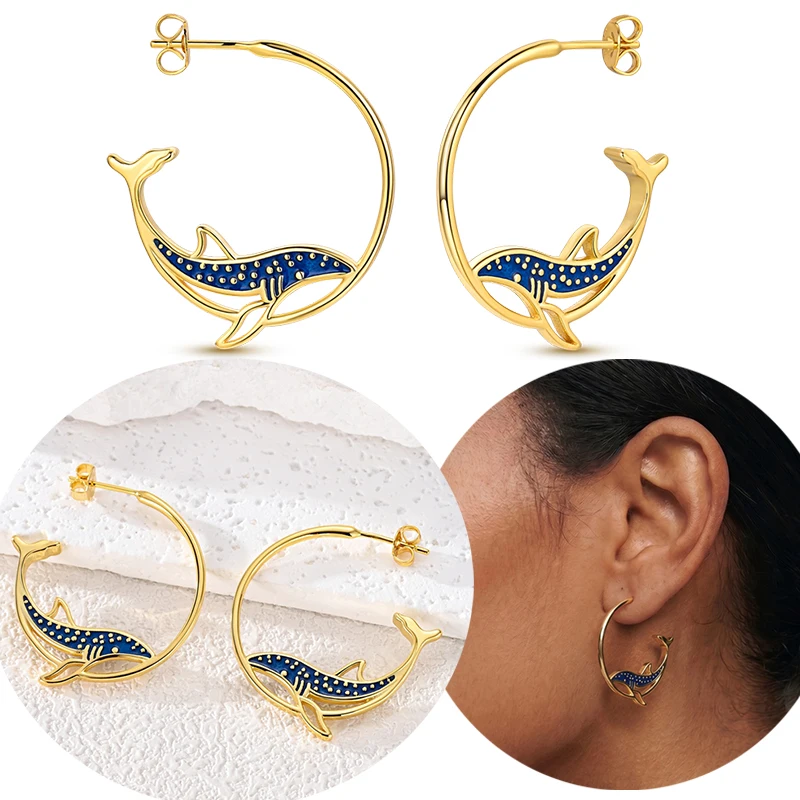 Original 925 Sterling Silver Golden Luminous Whale Shark Semicircle Shape Stud Earrings For Women Fashion Jewelry Gift