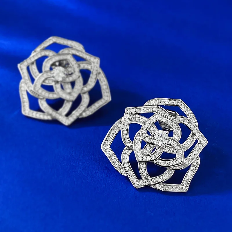 Rose Small Fragrant Wind Mountain Camellia Earrings s925 Sterling Silver Full Diamond Celebrity Light Luxury Earrings