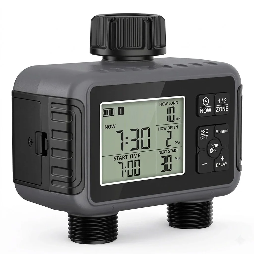 Timer Dual Outlet - ตัวควบคุมการรดน้ำแบบอัตโนมัติพร้อมเซ็นเซอร์ตรวจจับฝน สำหรับระบบรดน้ำสวนแบบตั้งโปรแกรมได้ พร้อมสายยางสองทาง